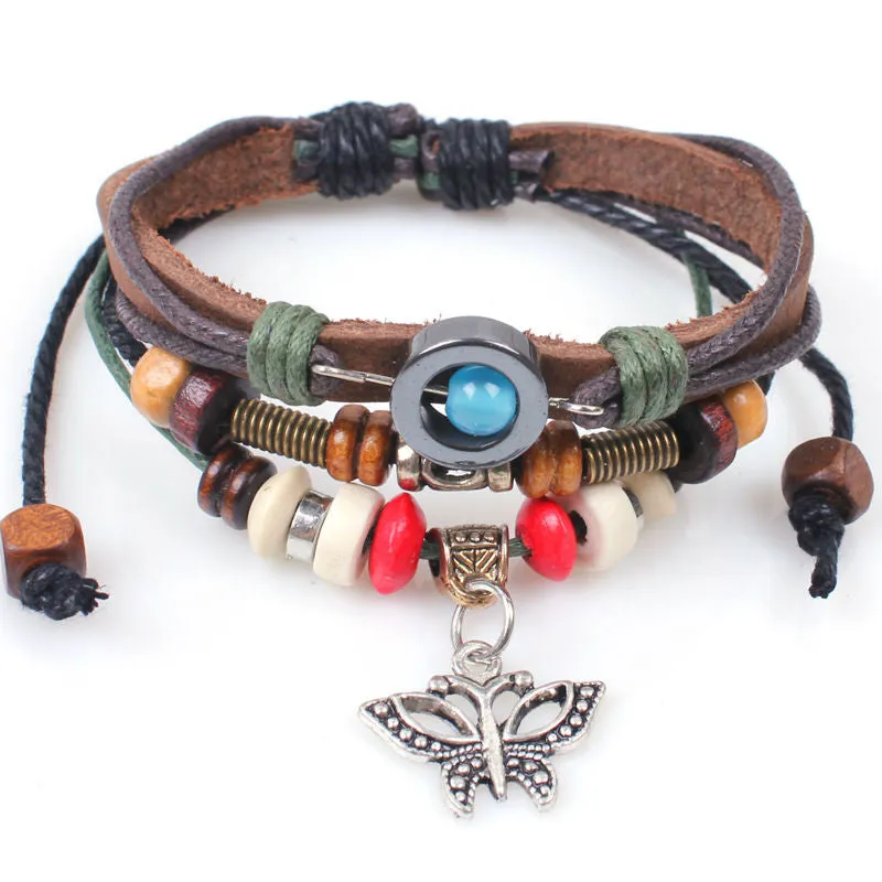 Genuine Leather Butterfly Charm Handmade Wrap Fashion Bracelet Wristband Adjustable