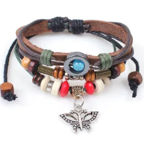 Genuine Leather Butterfly Charm Handmade Wrap Fashion Bracelet Wristband Adjustable
