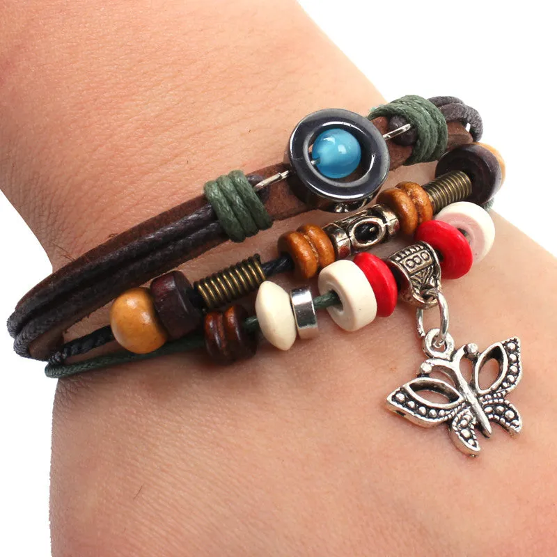 Genuine Leather Butterfly Charm Handmade Wrap Fashion Bracelet Wristband Adjustable