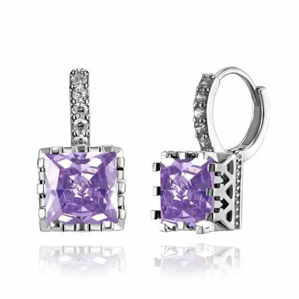 Geometric Purple Square Zircon Silver Earrings