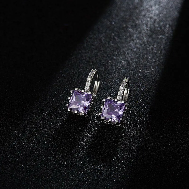 Geometric Purple Square Zircon Silver Earrings