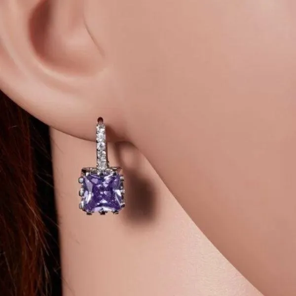 Geometric Purple Square Zircon Silver Earrings