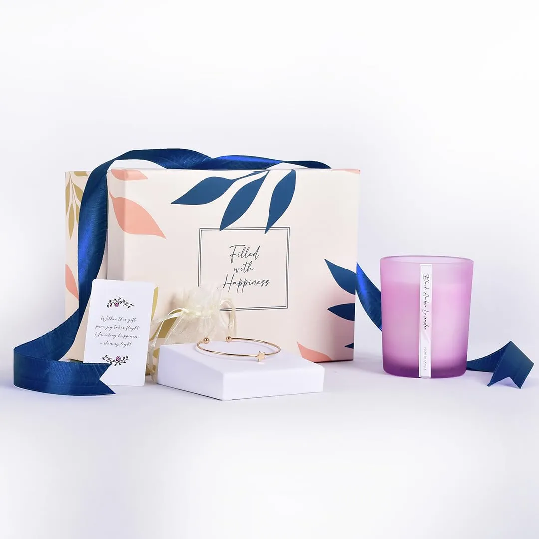 Gleevers Gift Set for Women |Gift Box Pack of 2 with Candle (Black Amber Lavender,250gm) & Star Bracelet|Birthday Gift,Anniversary Gift, Valentine Gift, Secret Santa Gifts