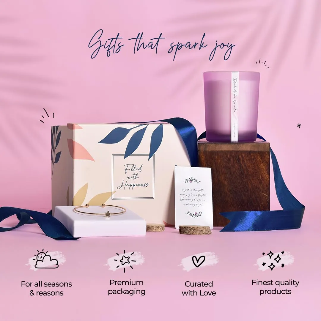Gleevers Gift Set for Women |Gift Box Pack of 2 with Candle (Black Amber Lavender,250gm) & Star Bracelet|Birthday Gift,Anniversary Gift, Valentine Gift, Secret Santa Gifts