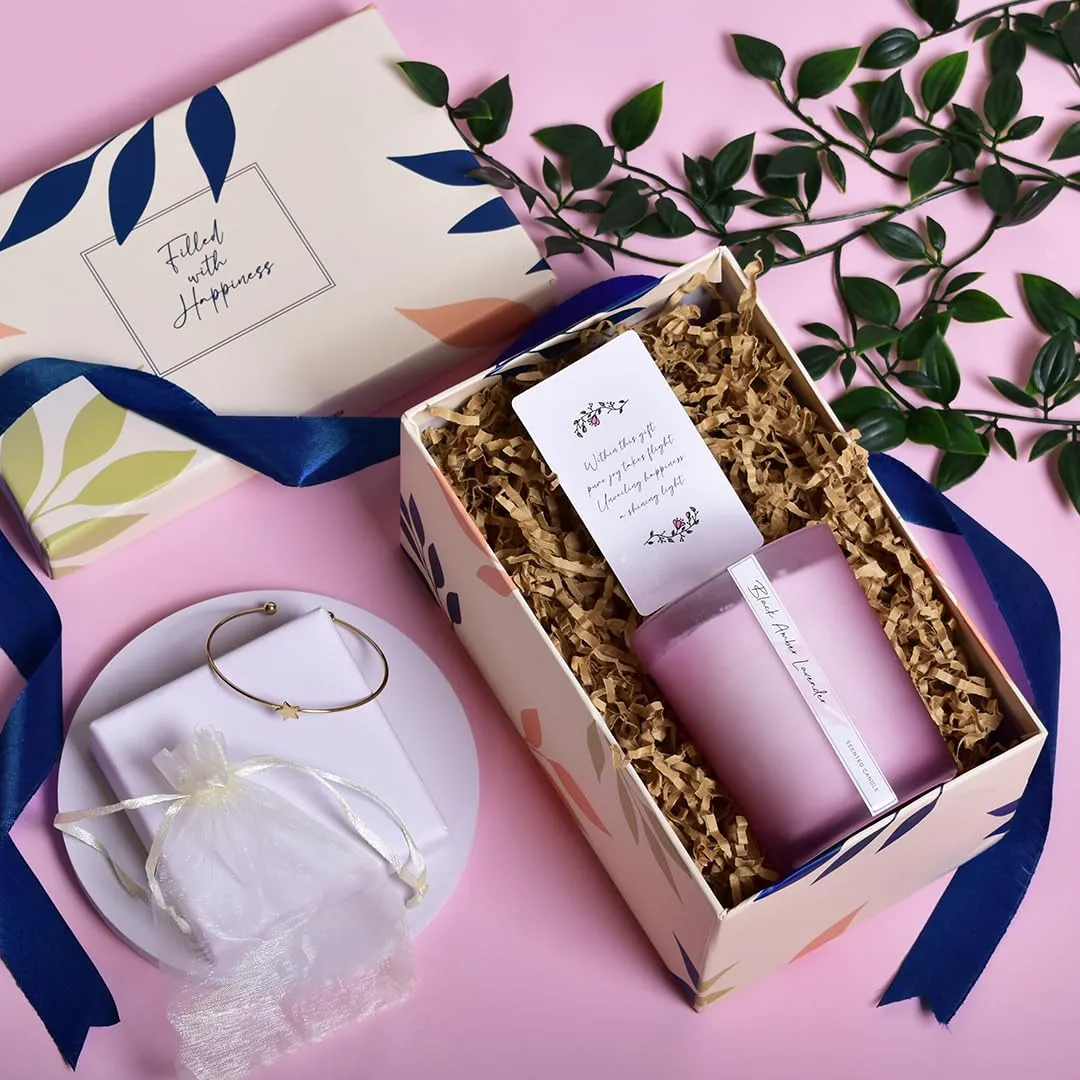 Gleevers Gift Set for Women |Gift Box Pack of 2 with Candle (Black Amber Lavender,250gm) & Star Bracelet|Birthday Gift,Anniversary Gift, Valentine Gift, Secret Santa Gifts