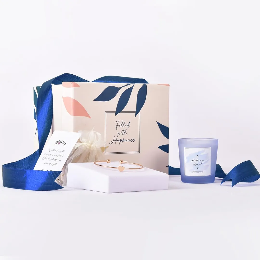 Gleevers Gift Set for Women |Gift Box Pack of 2 with Candle (Black Amber Lavender,60gm) & Heart Bracelet|Birthday Gift,Anniversary Gift, Valentine Gift, Secret Santa Gifts