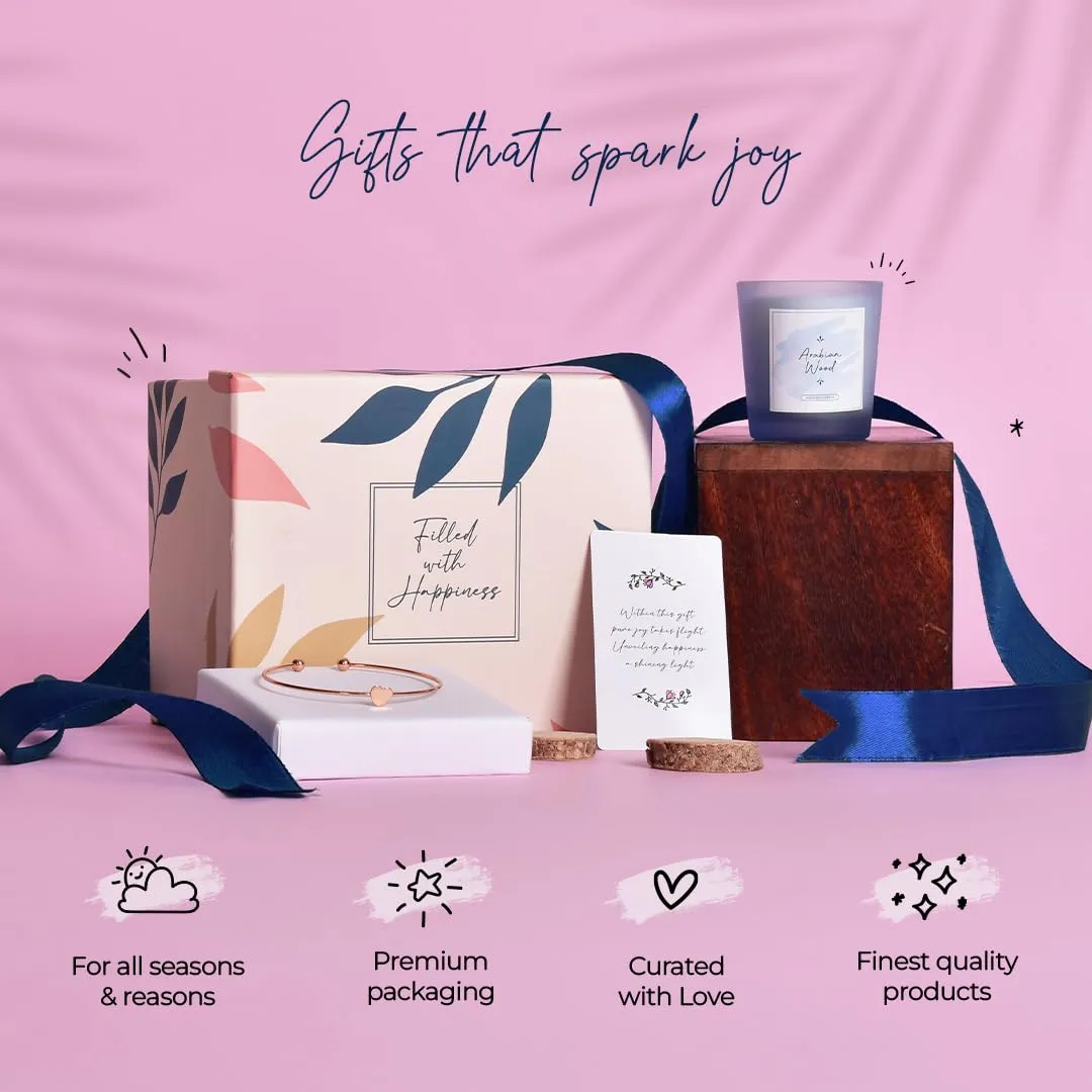 Gleevers Gift Set for Women |Gift Box Pack of 2 with Candle (Black Amber Lavender,60gm) & Heart Bracelet|Birthday Gift,Anniversary Gift, Valentine Gift, Secret Santa Gifts