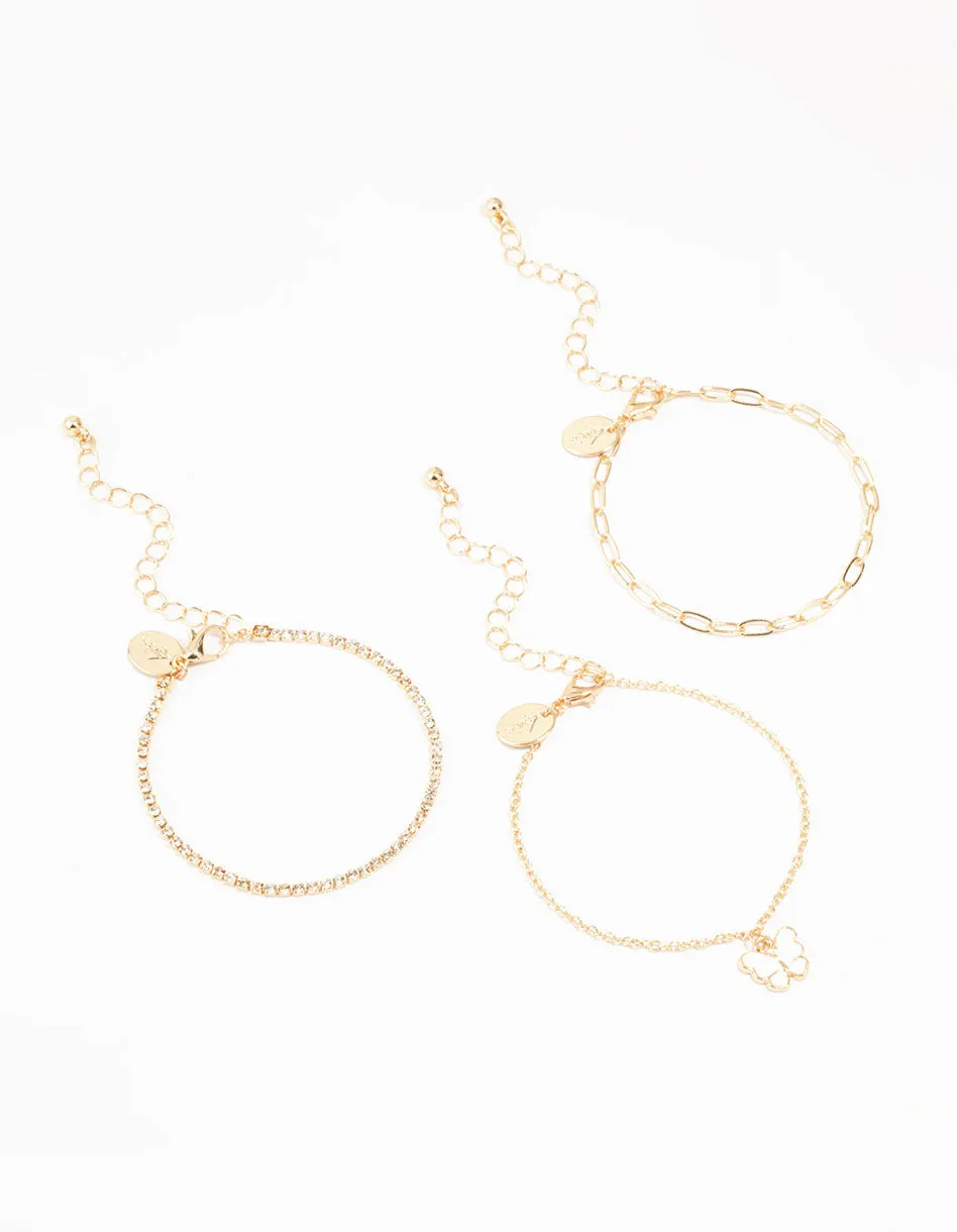 Gold Chain Diamante Butterfly Bracelets 3-Pack