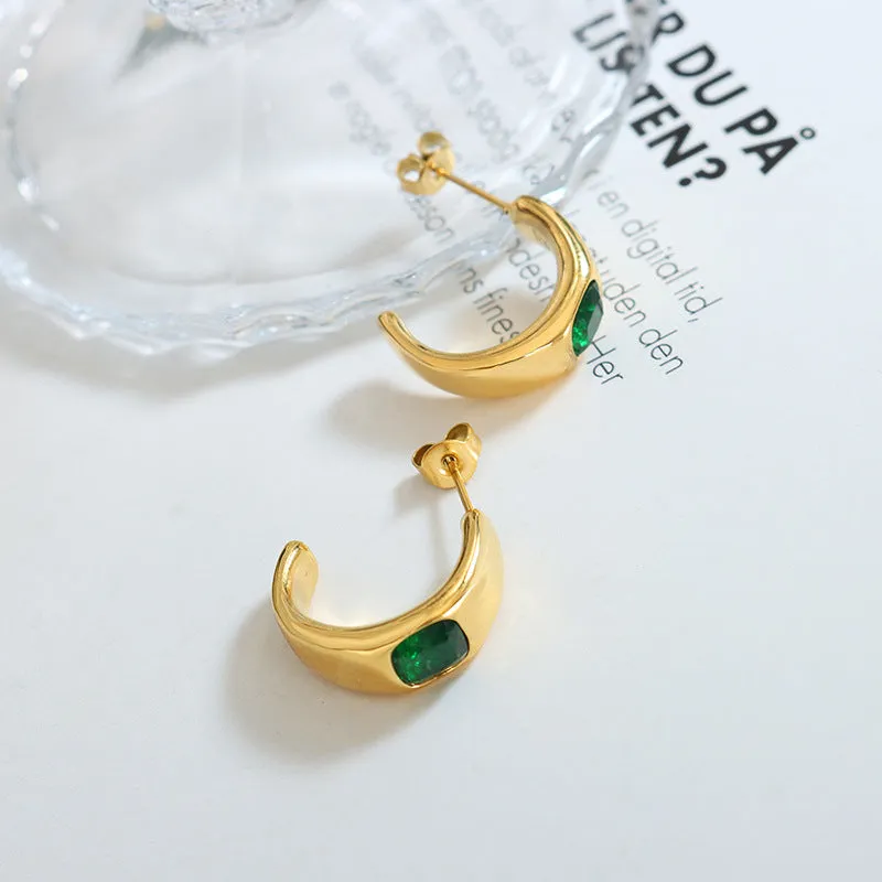 Green Zircon C-Shaped Earrings in Titanium Steel with 18K Gold Plating - European & American Style Statement Jewelry