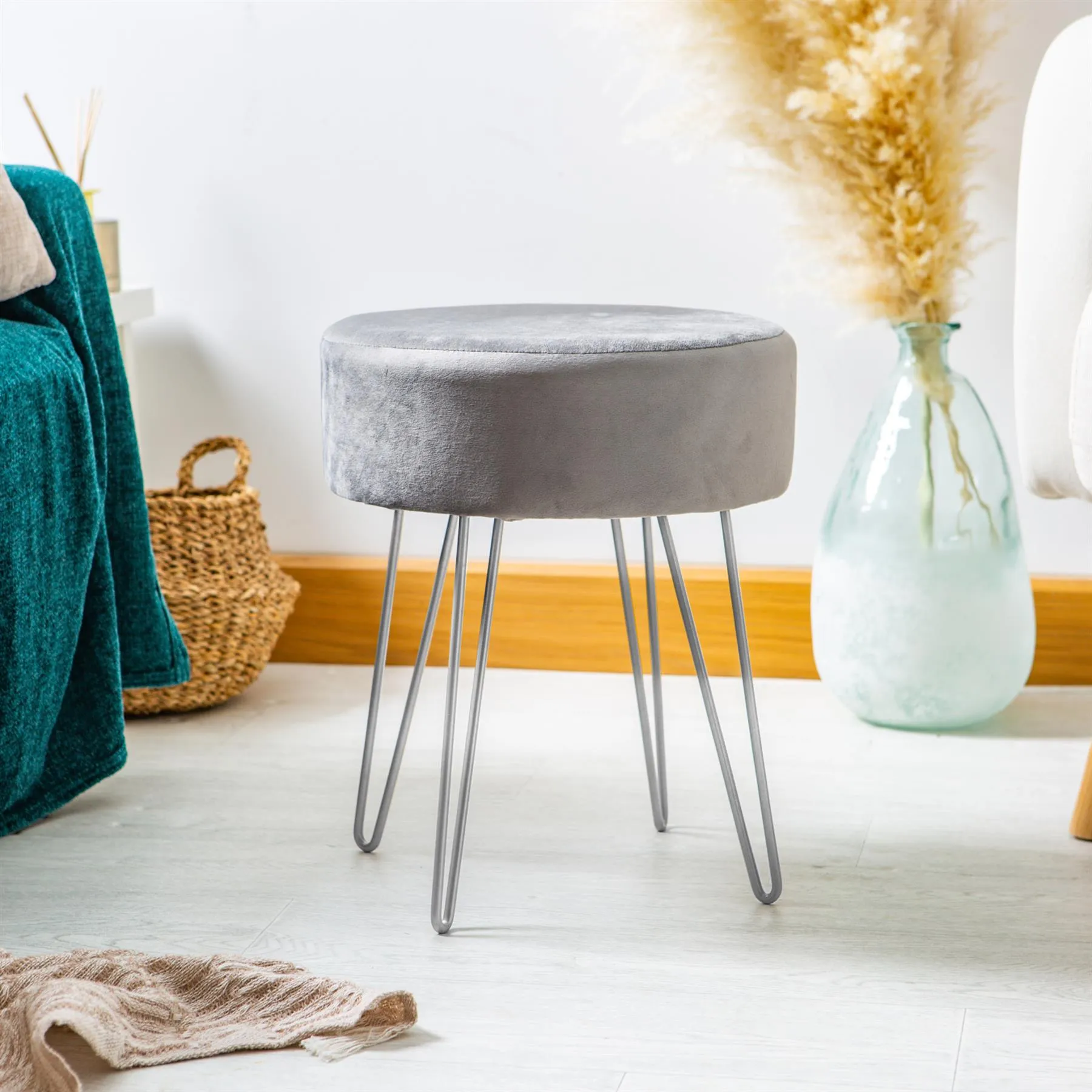 Grey Round Velvet Footstool - By Harbour Housewares