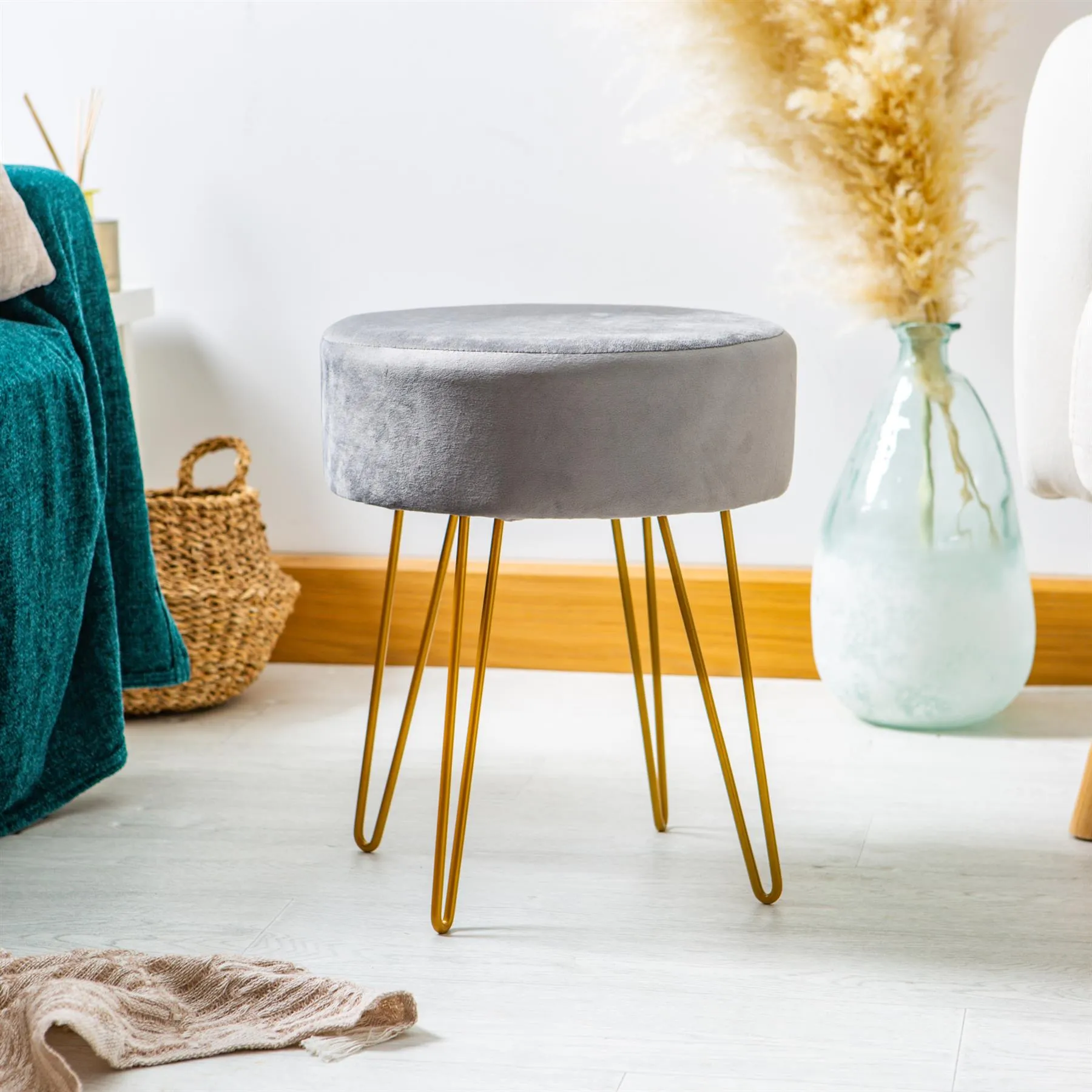 Grey Round Velvet Footstool - By Harbour Housewares
