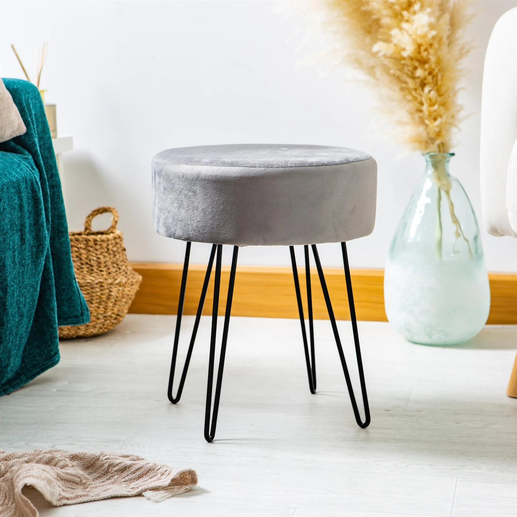 Grey Round Velvet Footstool - By Harbour Housewares