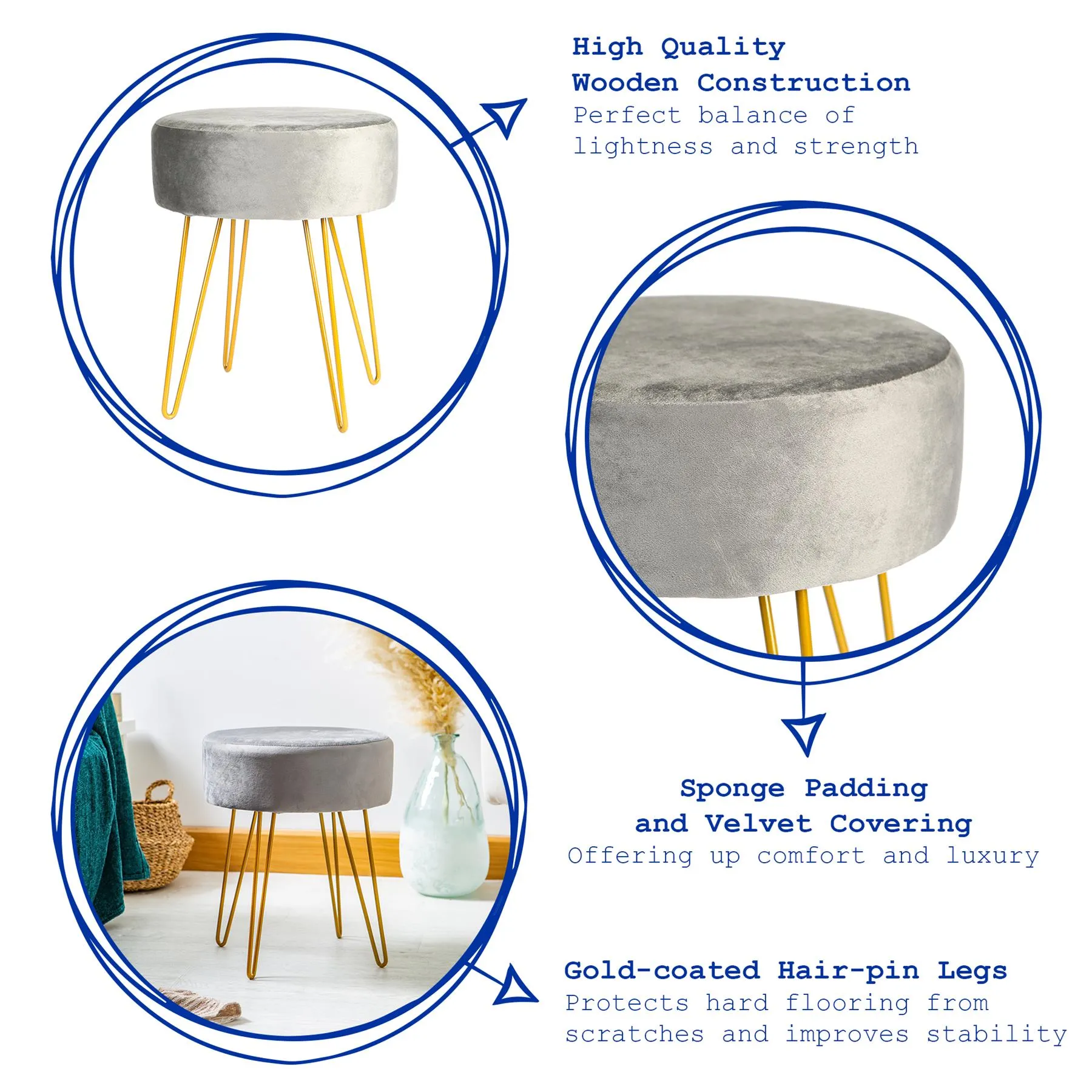 Grey Round Velvet Footstool - By Harbour Housewares