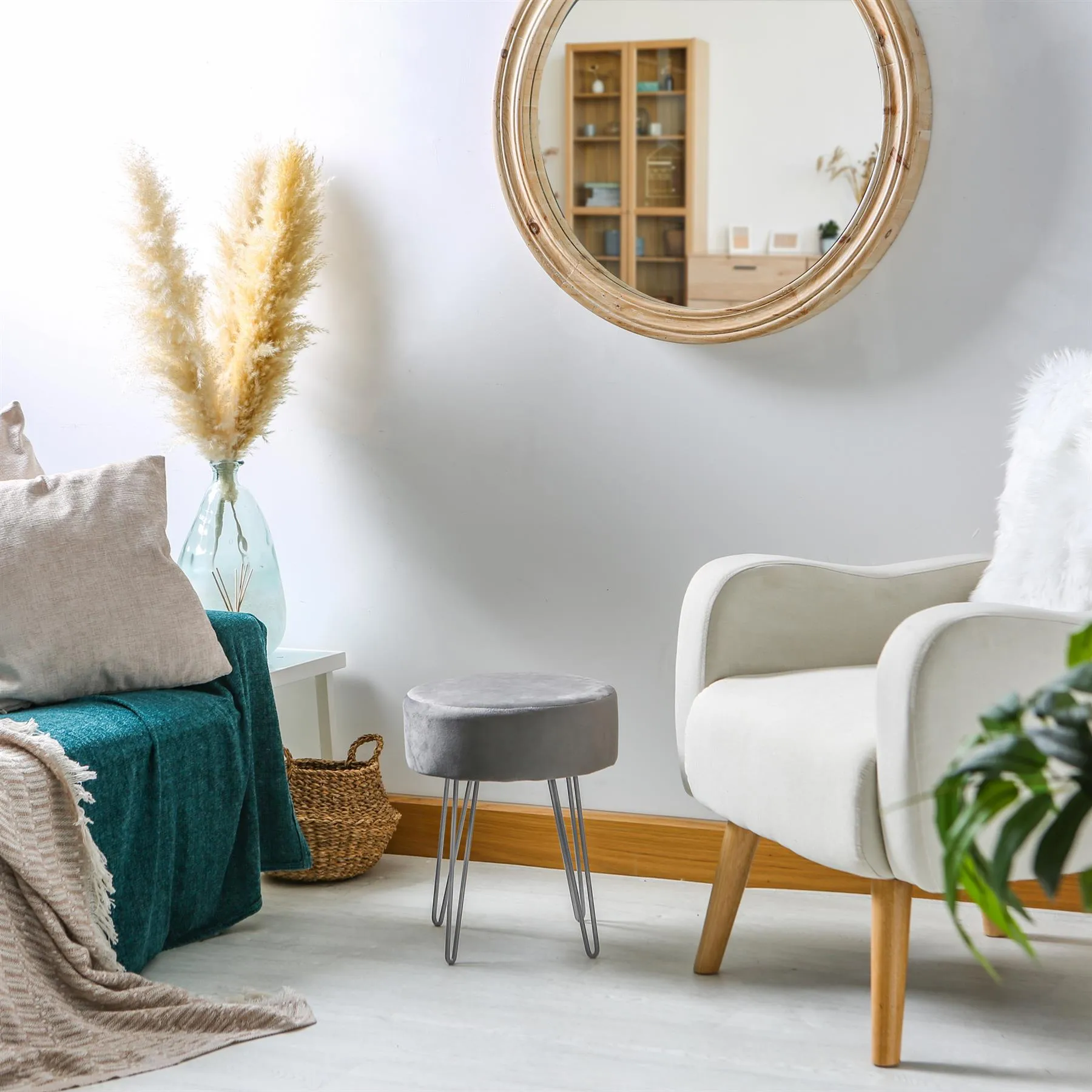 Grey Round Velvet Footstool - By Harbour Housewares