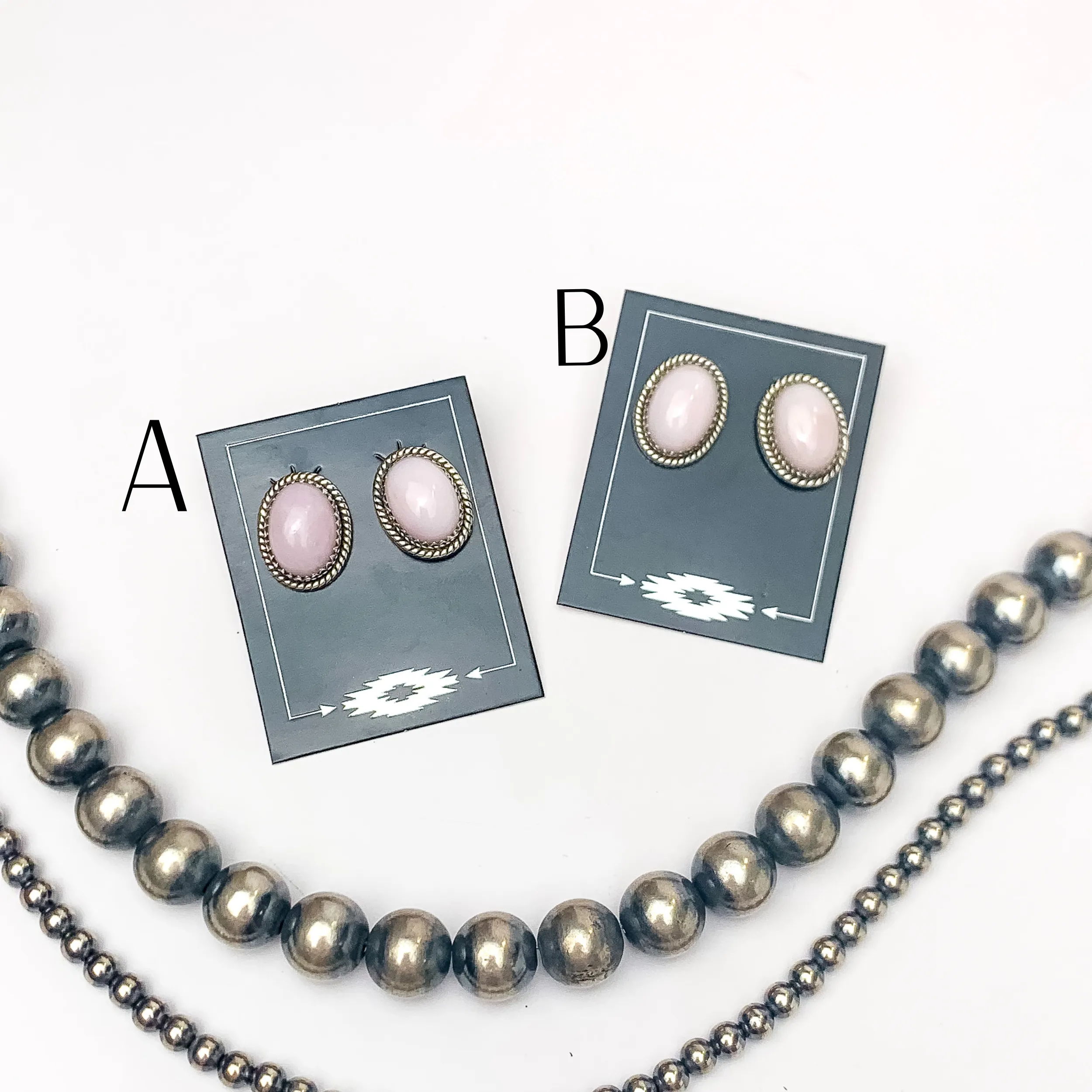 Hada Collection | Handmade Sterling Silver Oval Stud Earrings with Pink Opal Stones