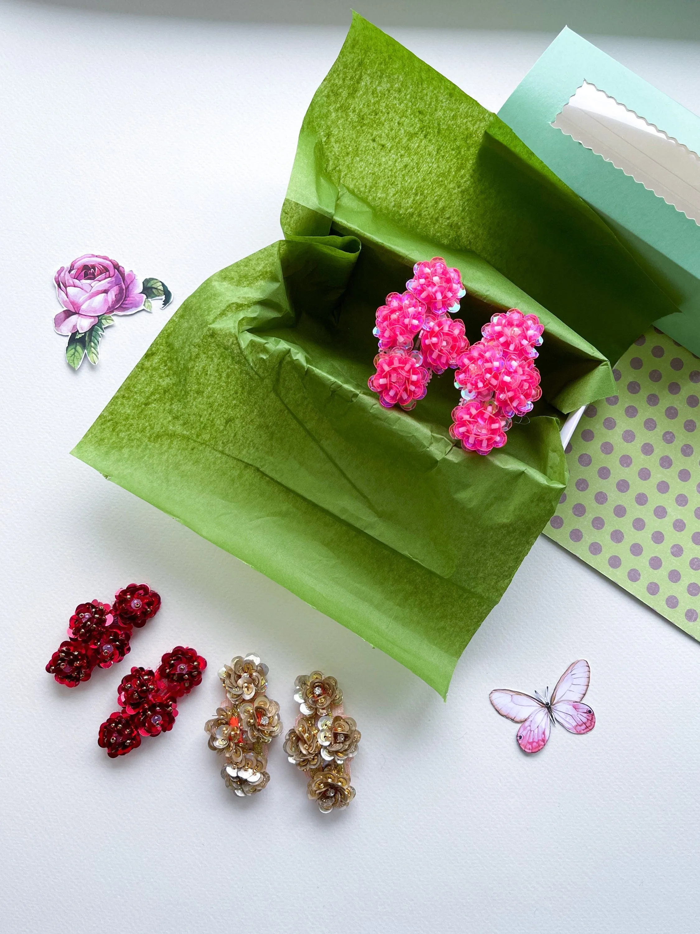Hand embroidered hair clips with sequins