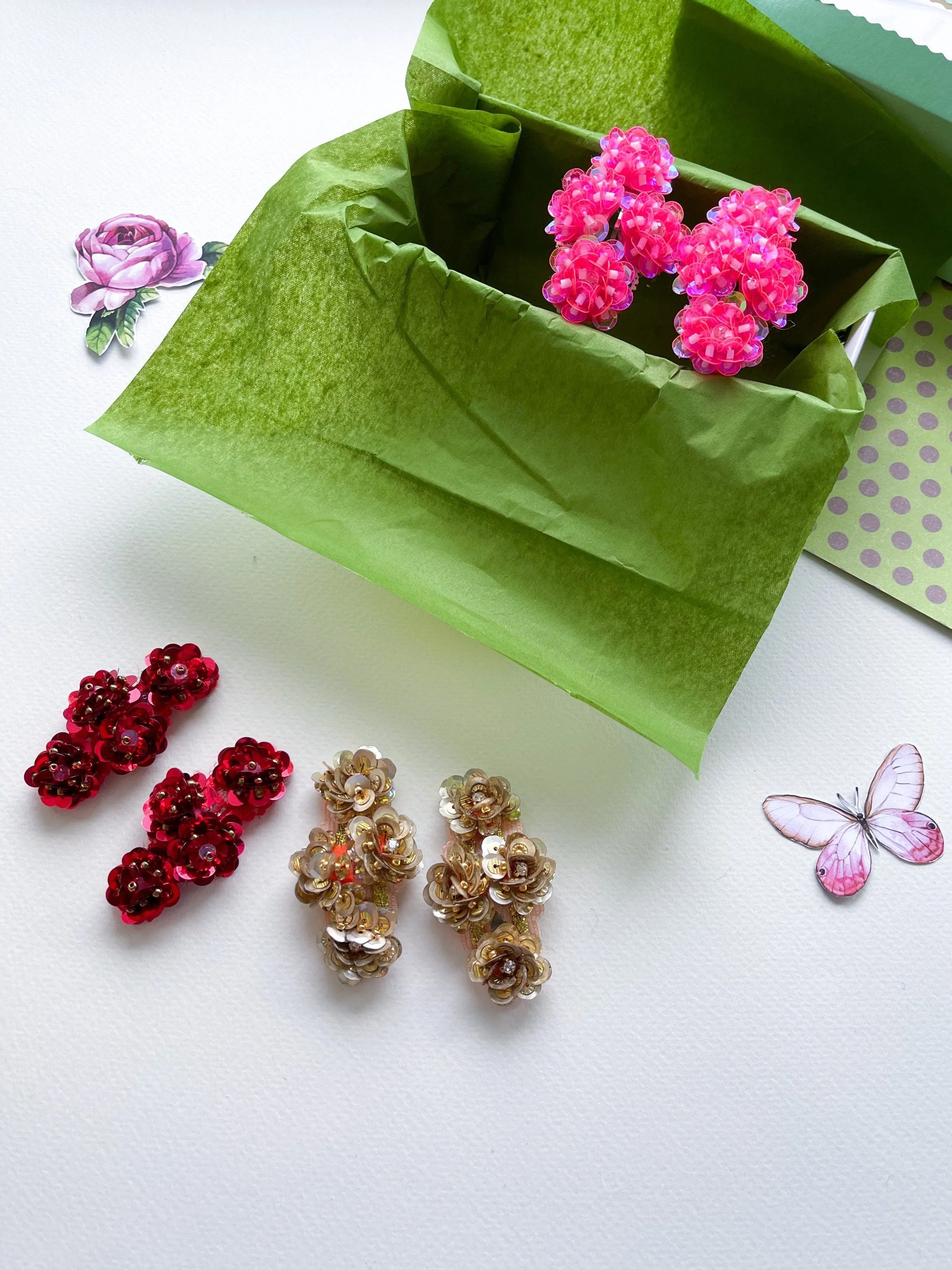 Hand embroidered hair clips with sequins