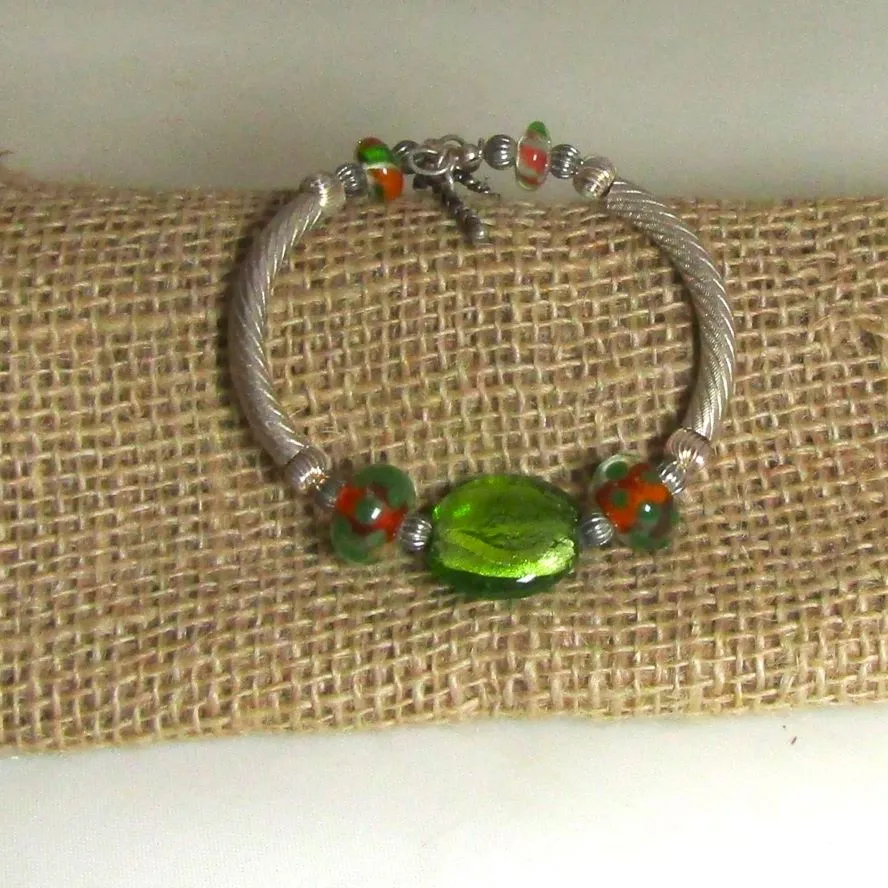 Handmade Green Artisan Bead Bangle Bracelet