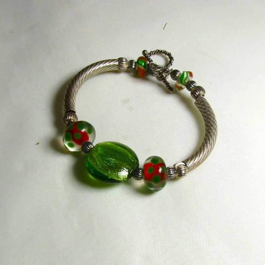 Handmade Green Artisan Bead Bangle Bracelet