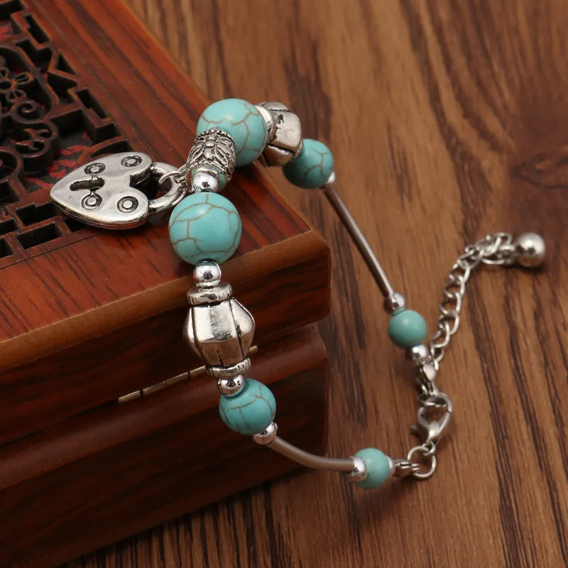 Heart-shaped Lock Pendant Vintage Turquoise Beaded Bracelet