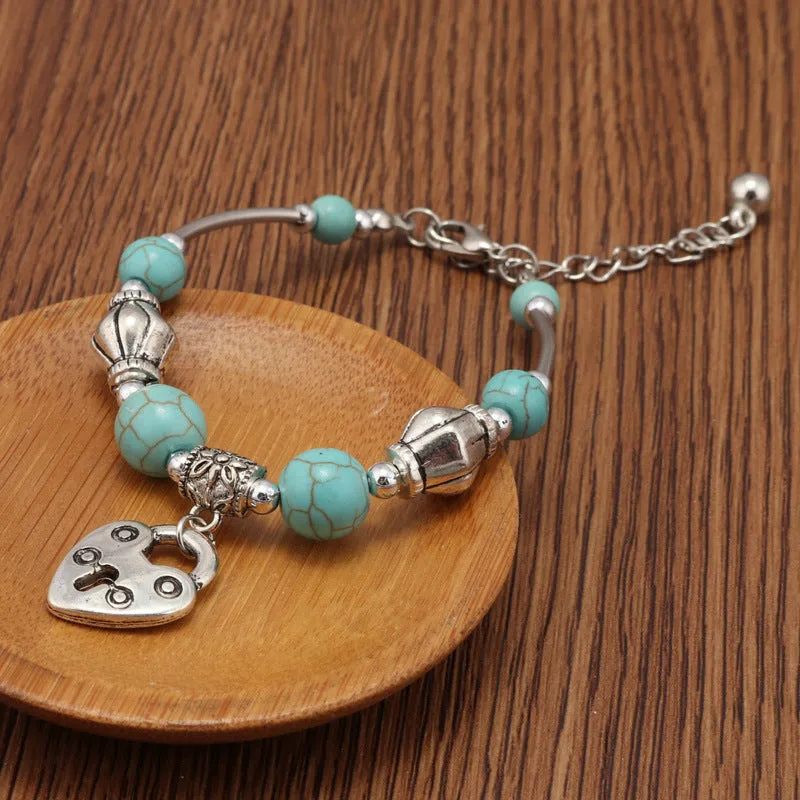 Heart-shaped Lock Pendant Vintage Turquoise Beaded Bracelet