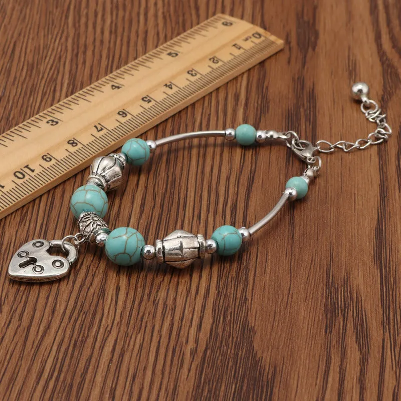 Heart-shaped Lock Pendant Vintage Turquoise Beaded Bracelet