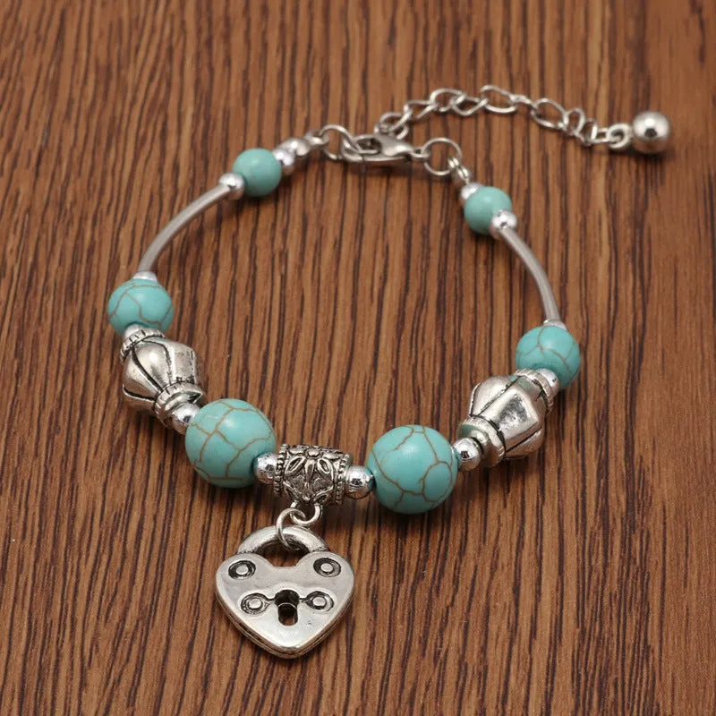 Heart-shaped Lock Pendant Vintage Turquoise Beaded Bracelet