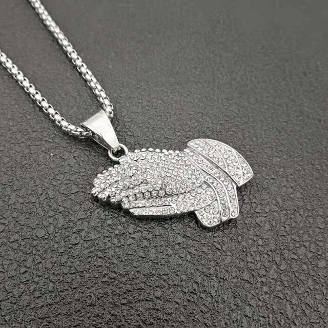 Hip Hop Jewelry Praying Hands Pendant Necklace with Rhinestone in Gold Color