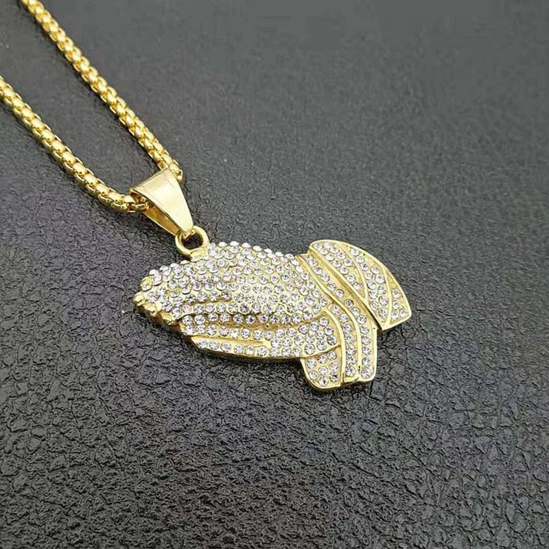 Hip Hop Jewelry Praying Hands Pendant Necklace with Rhinestone in Gold Color