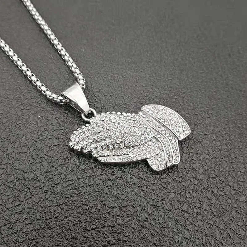 Hip Hop Jewelry Praying Hands Pendant Necklace with Rhinestone in Gold Color