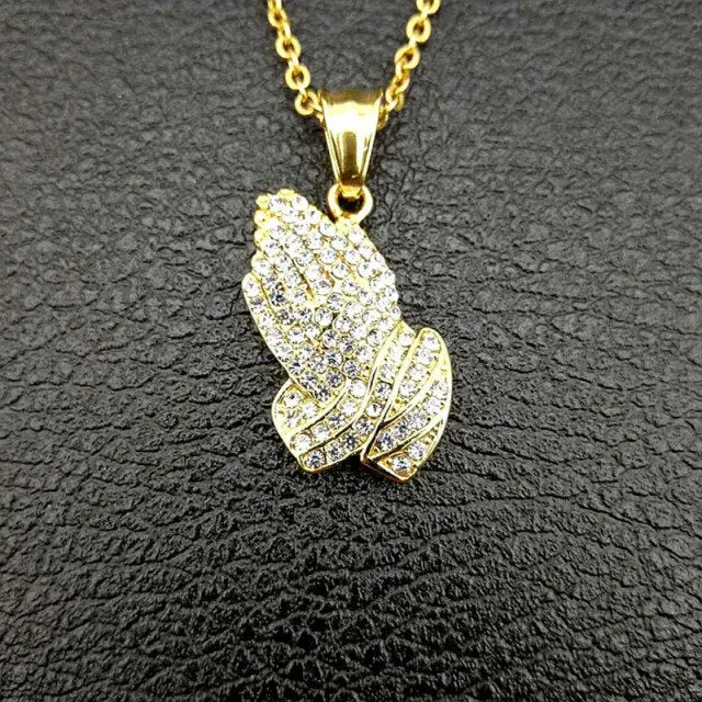 Hip Hop Jewelry Praying Hands Pendant Necklace with Rhinestone in Gold Color