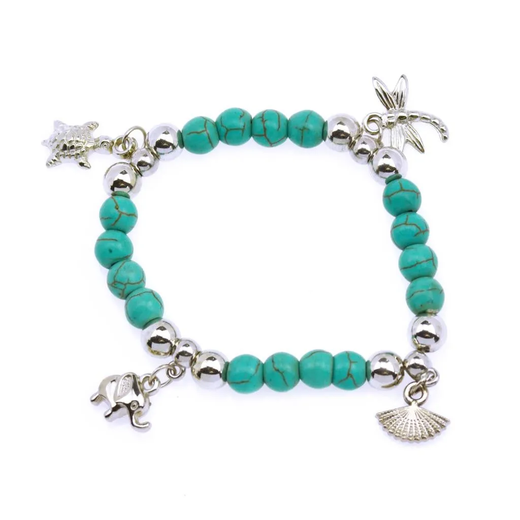 Hot Sale 8 Designs Animal & key & Star Elephants Bracelet Retro bohemian Style beaded Turquoise Fashion Women Bracelet Jewelry
