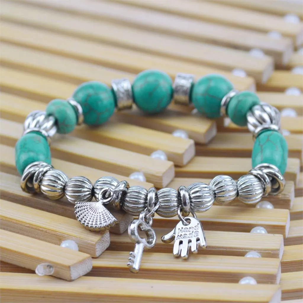 Hot Sale 8 Designs Animal & key & Star Elephants Bracelet Retro bohemian Style beaded Turquoise Fashion Women Bracelet Jewelry