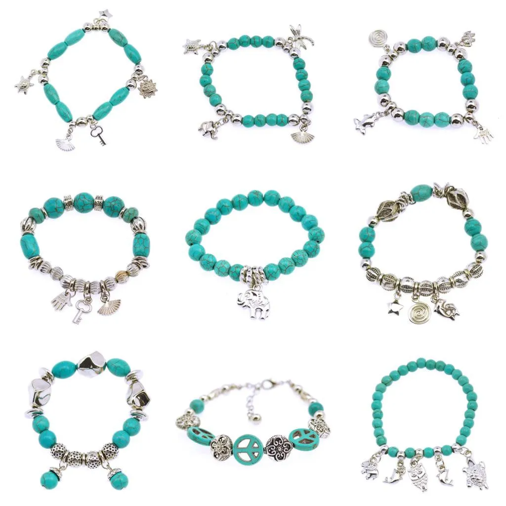 Hot Sale 8 Designs Animal & key & Star Elephants Bracelet Retro bohemian Style beaded Turquoise Fashion Women Bracelet Jewelry