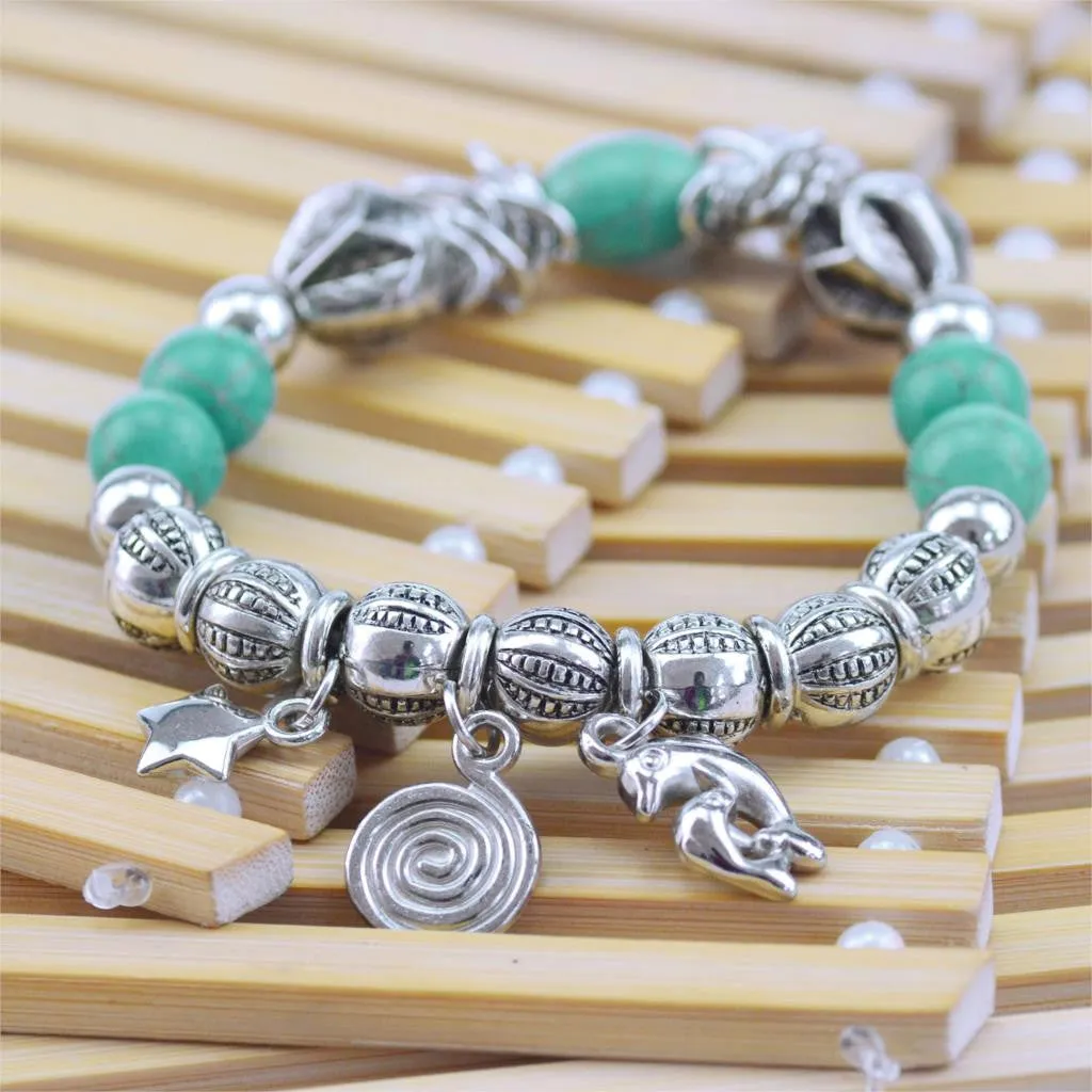 Hot Sale 8 Designs Animal & key & Star Elephants Bracelet Retro bohemian Style beaded Turquoise Fashion Women Bracelet Jewelry