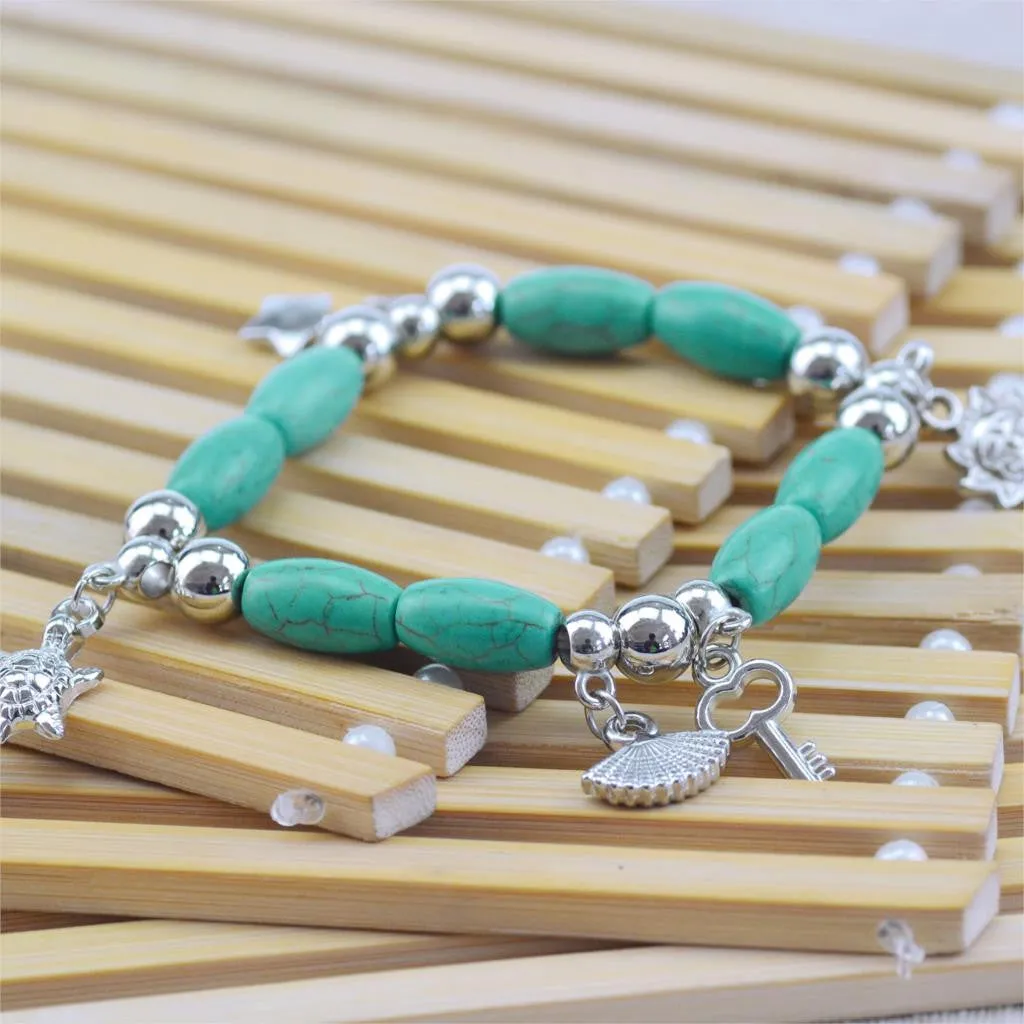 Hot Sale 8 Designs Animal & key & Star Elephants Bracelet Retro bohemian Style beaded Turquoise Fashion Women Bracelet Jewelry