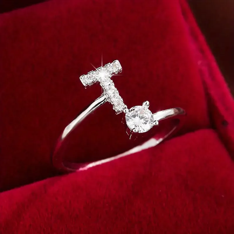 Hot-selling 26 English letters micro-paved zircon fashion women's rings Platinum-plated 14K open ring