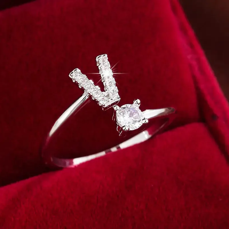 Hot-selling 26 English letters micro-paved zircon fashion women's rings Platinum-plated 14K open ring