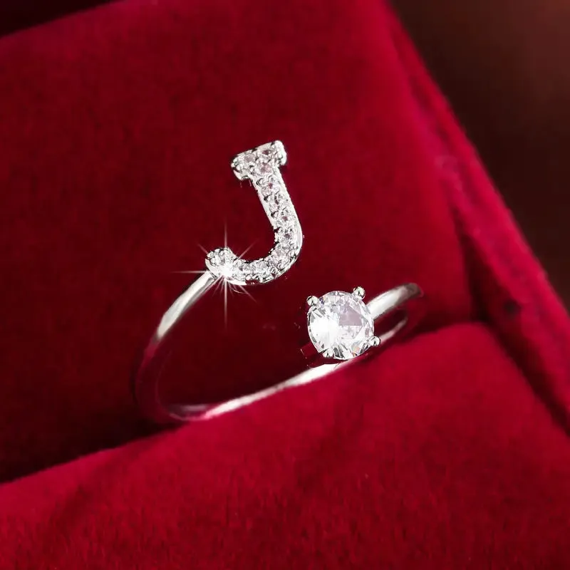 Hot-selling 26 English letters micro-paved zircon fashion women's rings Platinum-plated 14K open ring