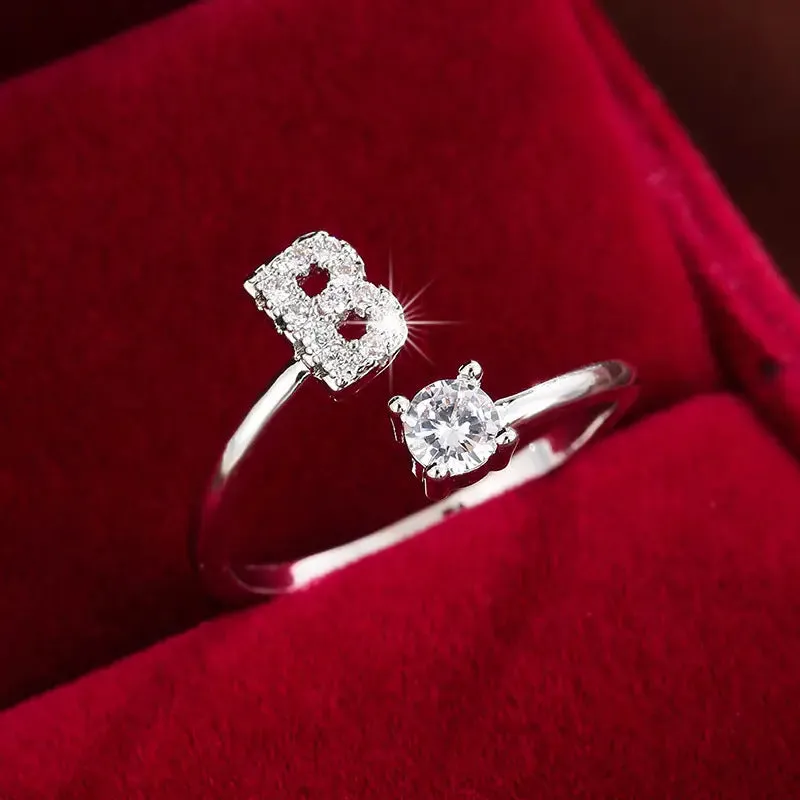Hot-selling 26 English letters micro-paved zircon fashion women's rings Platinum-plated 14K open ring