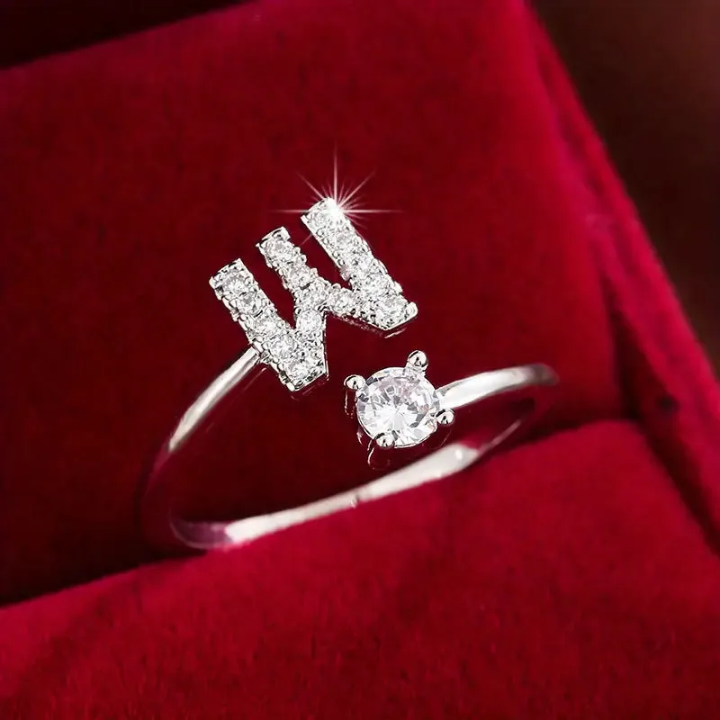 Hot-selling 26 English letters micro-paved zircon fashion women's rings Platinum-plated 14K open ring