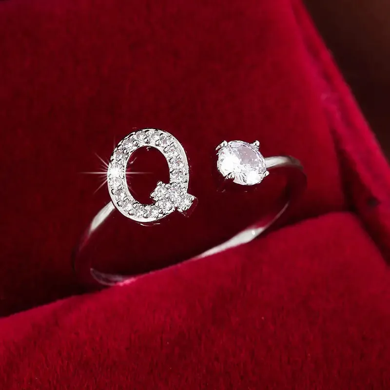 Hot-selling 26 English letters micro-paved zircon fashion women's rings Platinum-plated 14K open ring