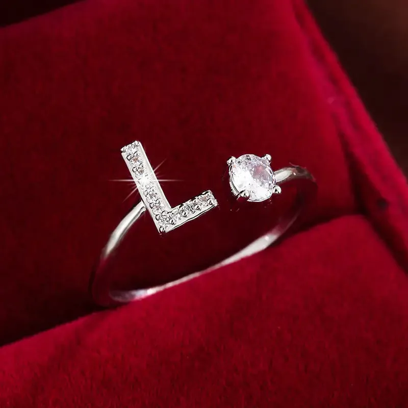 Hot-selling 26 English letters micro-paved zircon fashion women's rings Platinum-plated 14K open ring