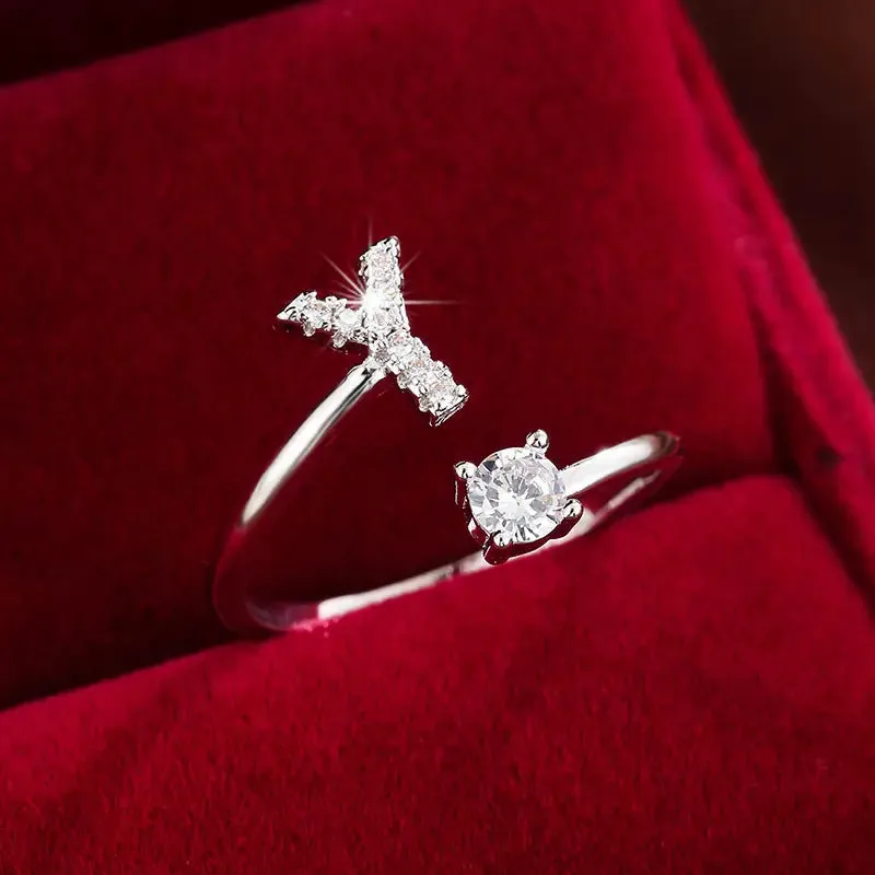 Hot-selling 26 English letters micro-paved zircon fashion women's rings Platinum-plated 14K open ring