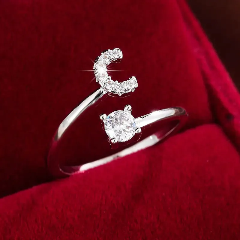 Hot-selling 26 English letters micro-paved zircon fashion women's rings Platinum-plated 14K open ring