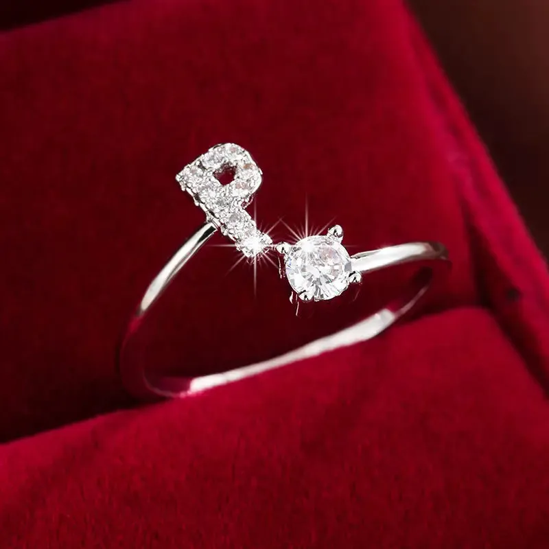Hot-selling 26 English letters micro-paved zircon fashion women's rings Platinum-plated 14K open ring