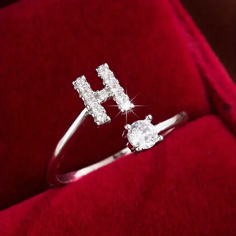 Hot-selling 26 English letters micro-paved zircon fashion women's rings Platinum-plated 14K open ring