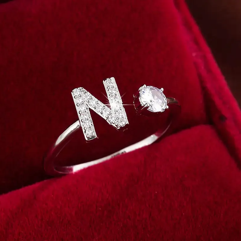 Hot-selling 26 English letters micro-paved zircon fashion women's rings Platinum-plated 14K open ring