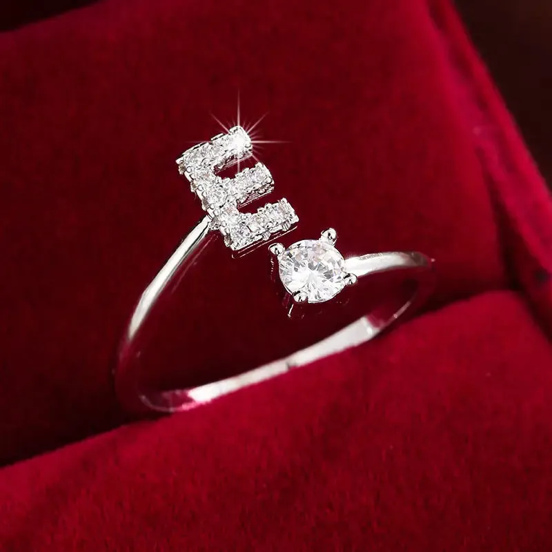 Hot-selling 26 English letters micro-paved zircon fashion women's rings Platinum-plated 14K open ring