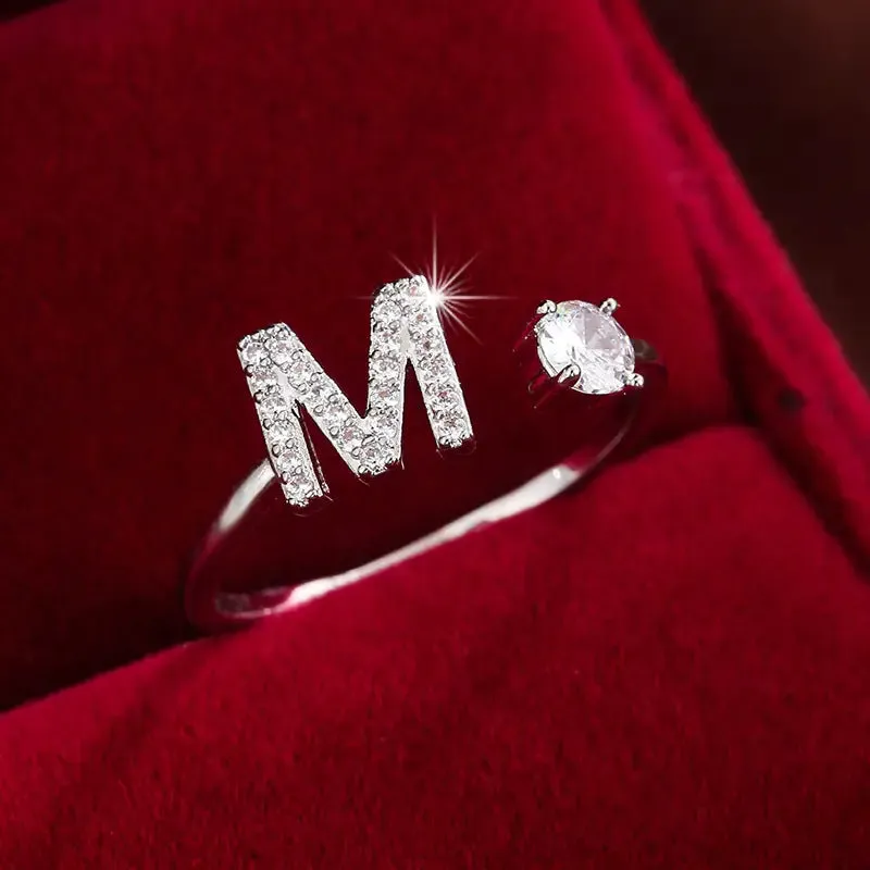 Hot-selling 26 English letters micro-paved zircon fashion women's rings Platinum-plated 14K open ring